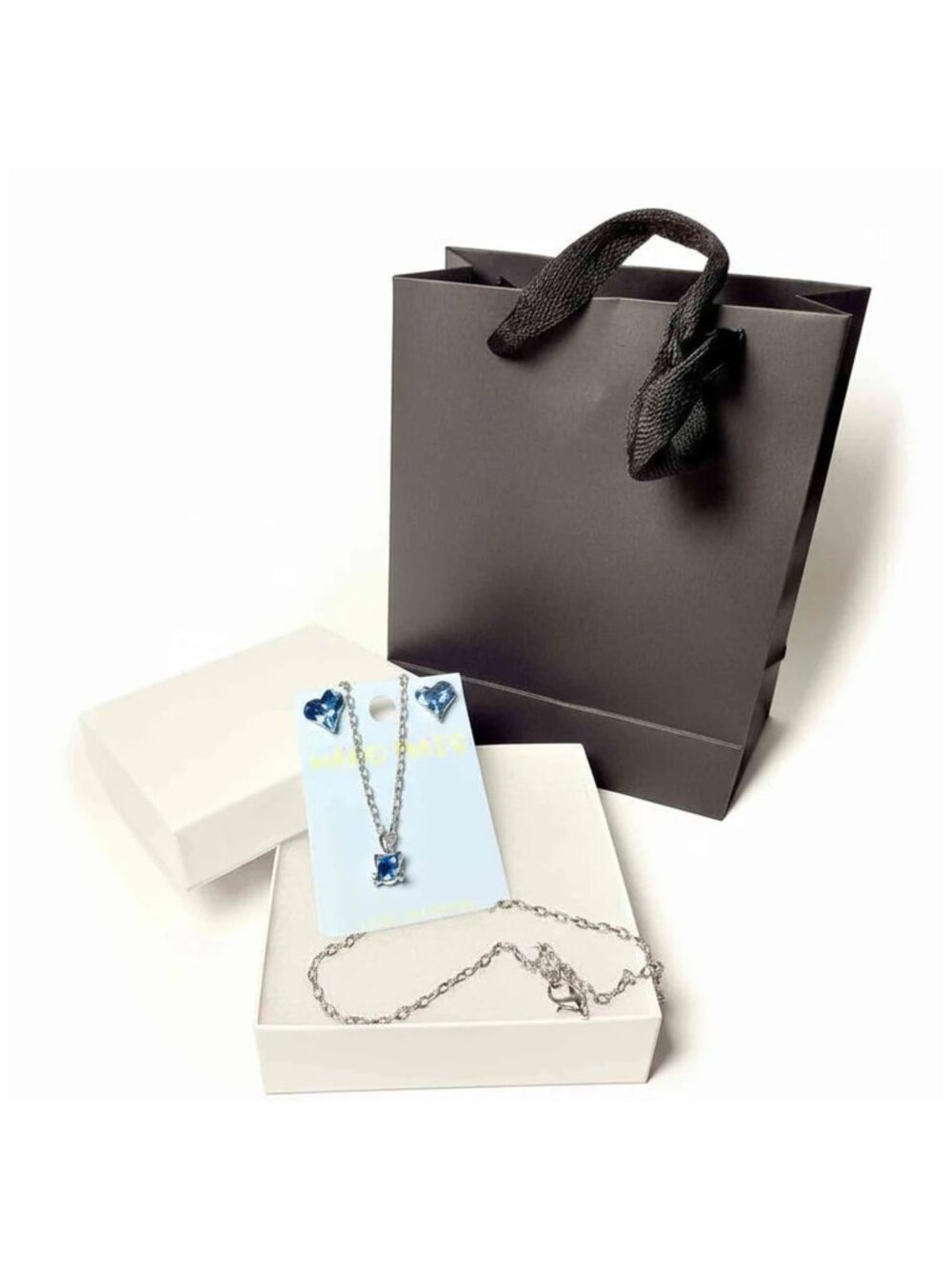 Unique Blue Cat Pendant Necklace & Crystal Heart Earrings Gift Set